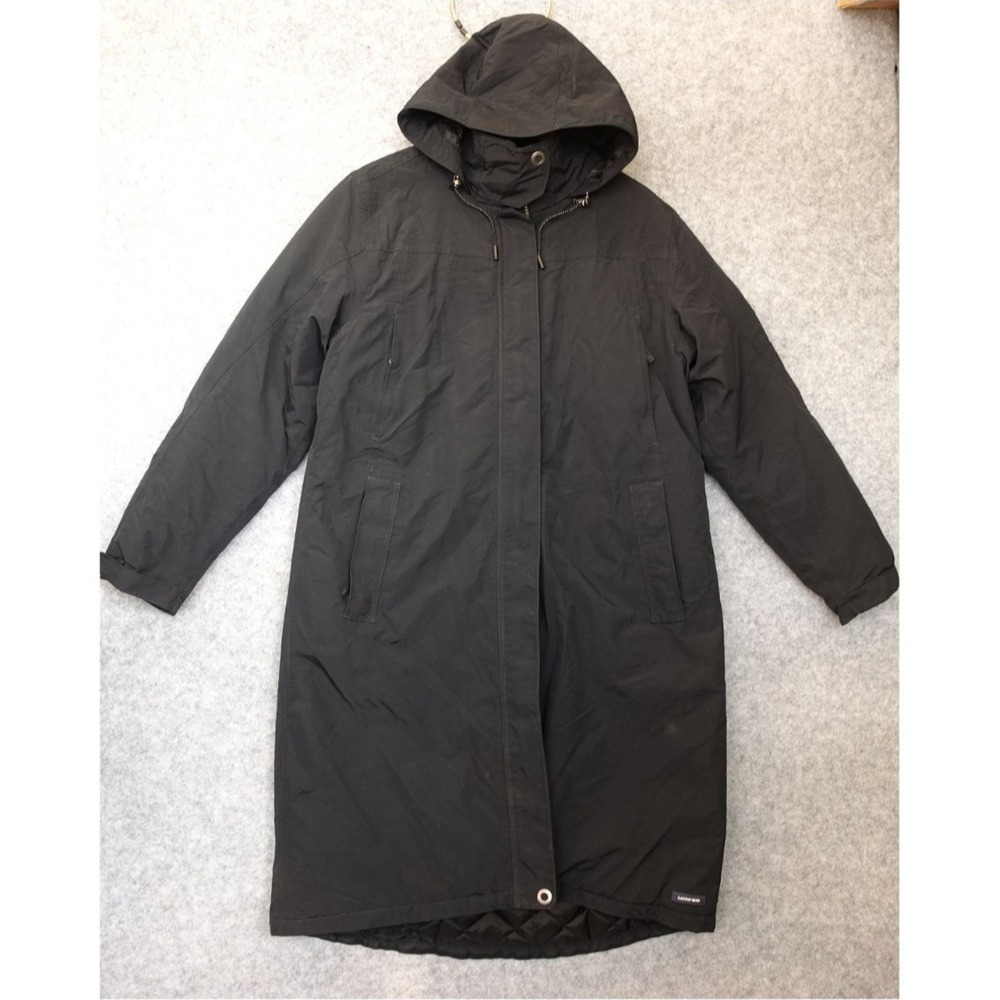LANDS END Parka Womens L Black Hoodie Fleece Quilt Lined Tech Long‎ Coat Jacket